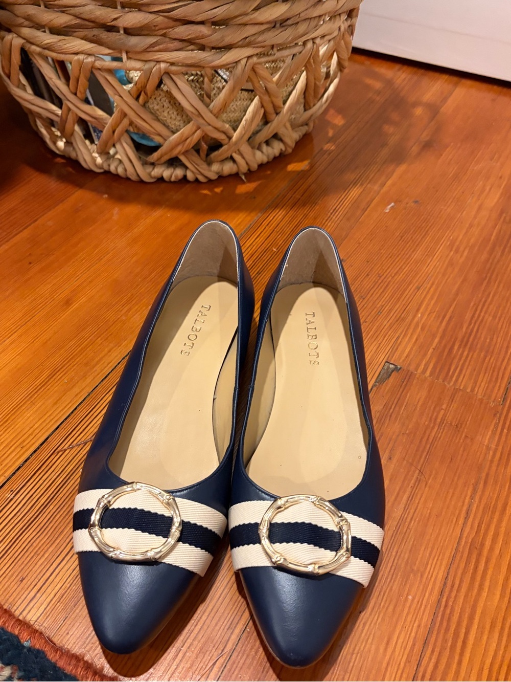 Talbots Navy Pointed-Toe Flats with Striped Ribbon and Gold Buckle